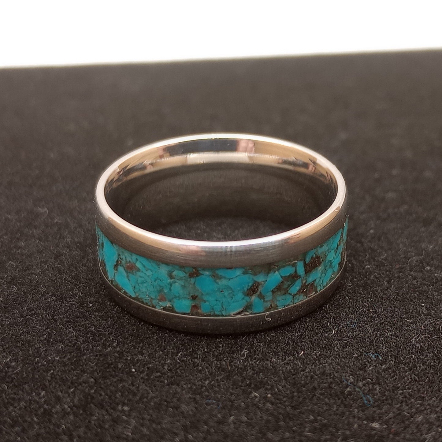 Turquoise and Pyrite Stainless Steel Ring Size 7