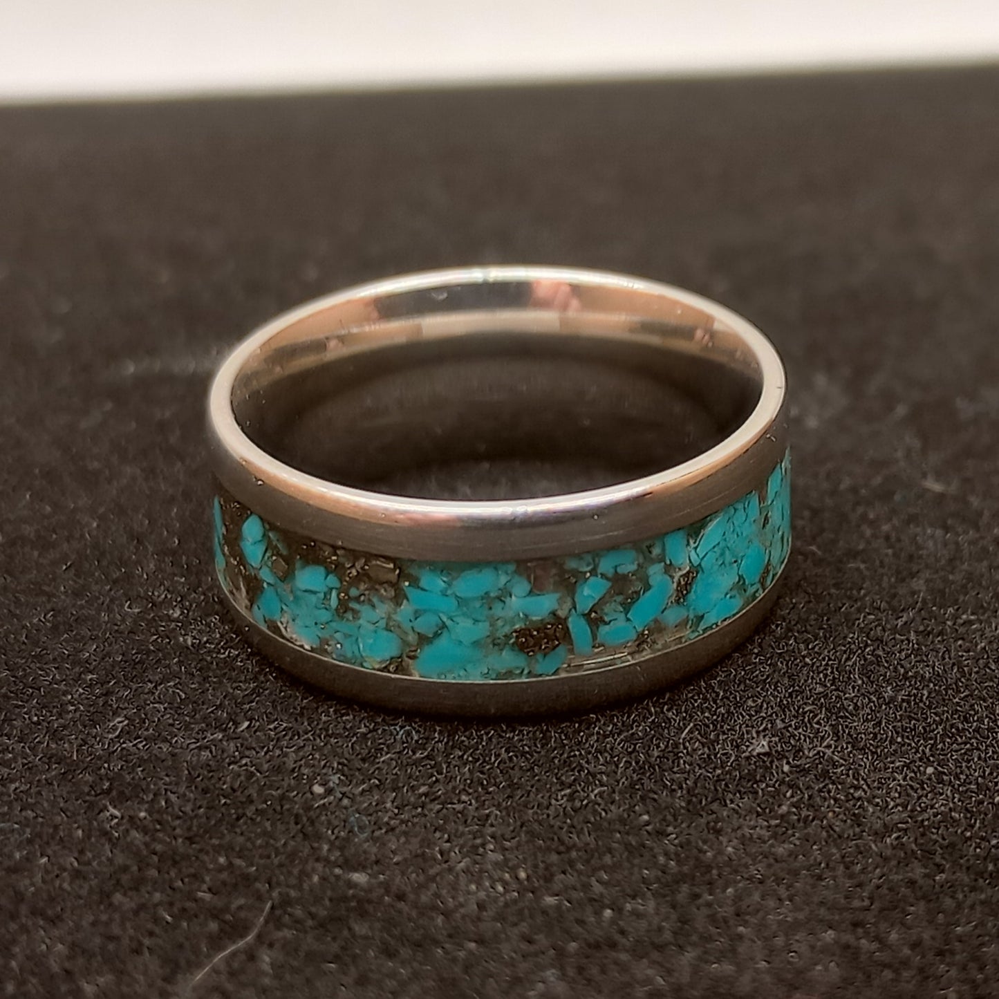 Turquoise and Pyrite Stainless Steel Ring Size 7