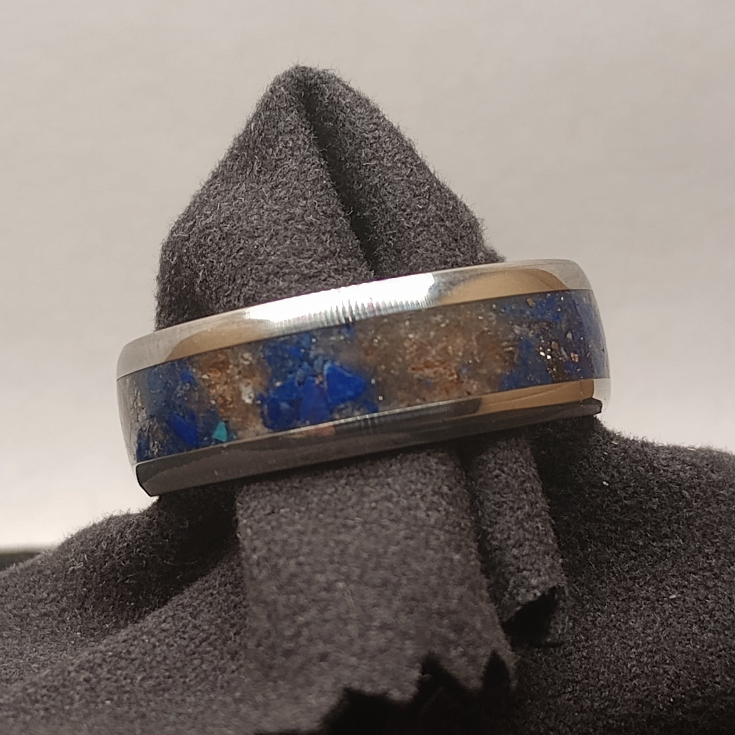 Sunstone with Lapis Lazuli and Pyrite Stainless Steel Ring Size 11