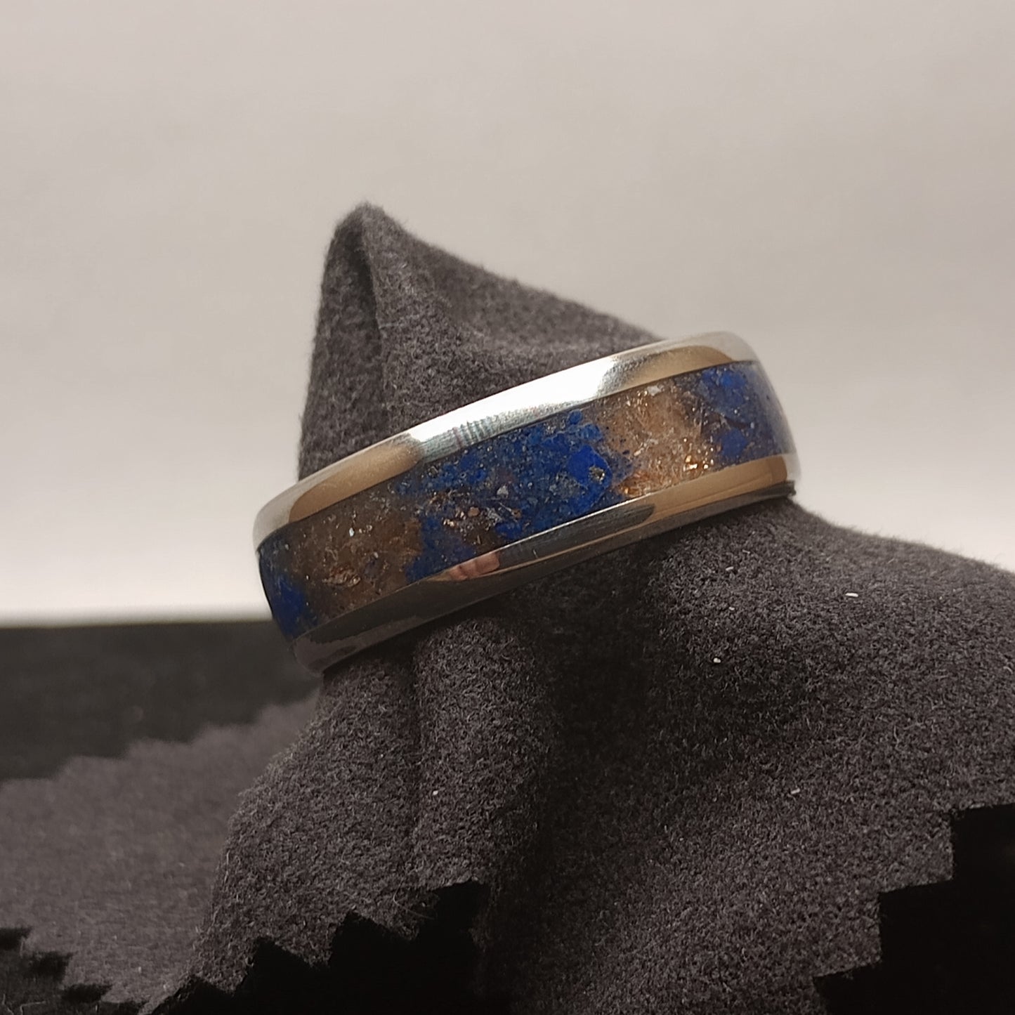 Sunstone with Lapis Lazuli and Pyrite Stainless Steel Ring Size 11